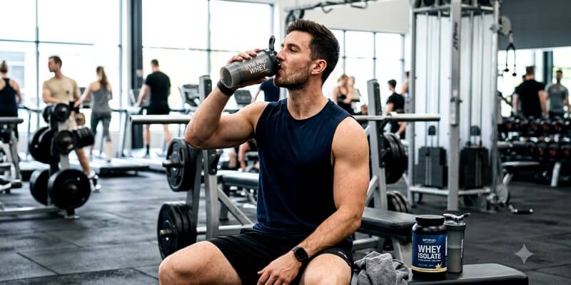 Homme qui consomme de la whey à la salle de sport