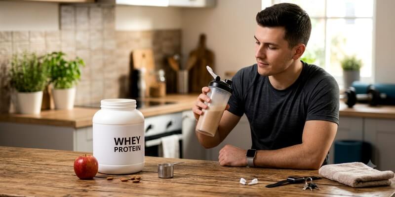 Jeune homme qui regarde sa whey